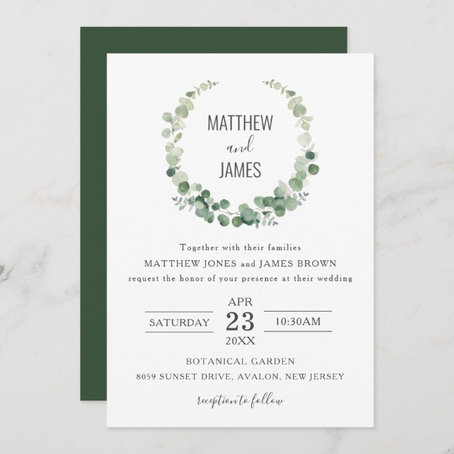 Minimalist Eucalyptus Greenery Gay Wedding  Invitation (Front/Back)