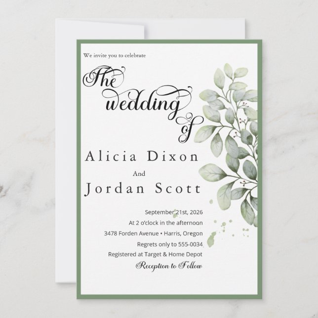 Minimalist Eucalyptus Greenery Wedding Invitation (Front)