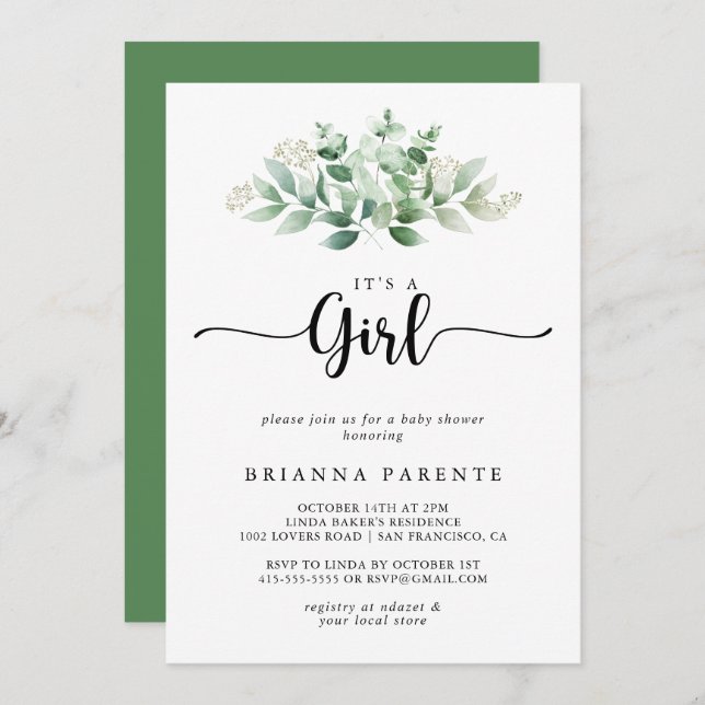 Minimalist Eucalyptus it's A Girl Baby Shower  Invitation (Front/Back)
