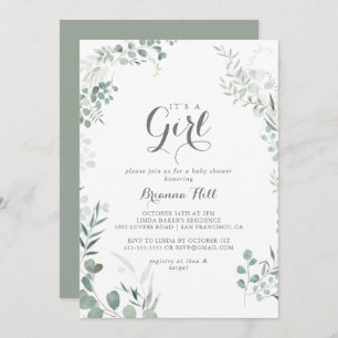 Minimalist Eucalyptus It's A Girl Baby Shower Invitation