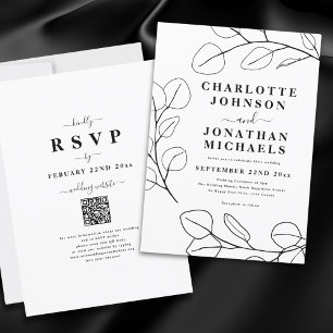 Minimalist Eucalyptus Leaf Black and White Wedding Invitation