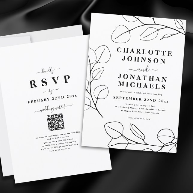 Minimalist Eucalyptus Leaf Black and White Wedding Invitation (Modern stylish minimalist black and white wedding invitation with elegant typography and online RSVP)