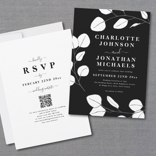 Minimalist Eucalyptus Leaf Black and White Wedding Invitation (Modern Stylish elegant minimalist leaf black and white wedding invitation with online rsvp QR code)