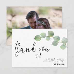 Minimalist Eucalyptus Leaf Script Photo Wedding Thank You Card