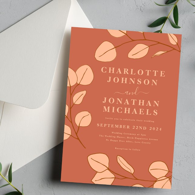 Minimalist Eucalyptus Leaf Terracotta Fall Wedding Invitation (Modern simple leaves peach fuzz wedding invitation with elegant typography )