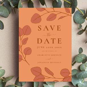 Minimalist Eucalyptus Leaves Peach Orange Wedding Save The Date