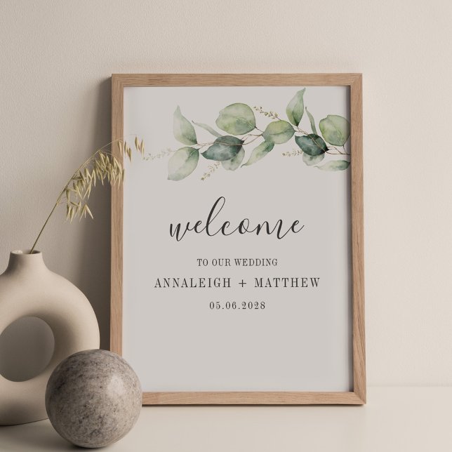 Minimalist Eucalyptus Leaves Script Wedding Poster (Eucalyptus Wedding Welcome Sign)