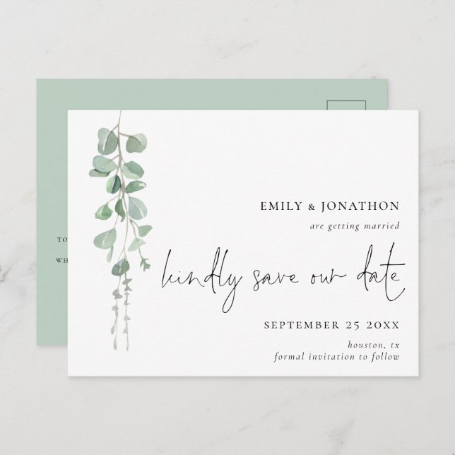 Minimalist Eucalyptus QR Code Script Save The Date Postcard (Front/Back)