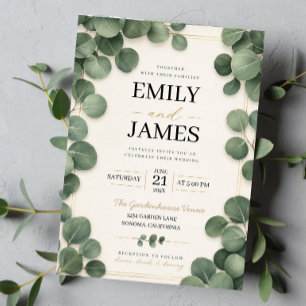 Minimalist Eucalyptus Sage Green Leaves and Gold  Acrylic Invitations