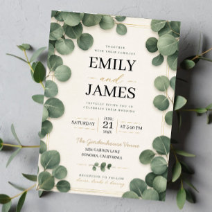 Minimalist Eucalyptus Sage Green Leaves and Gold  Invitation