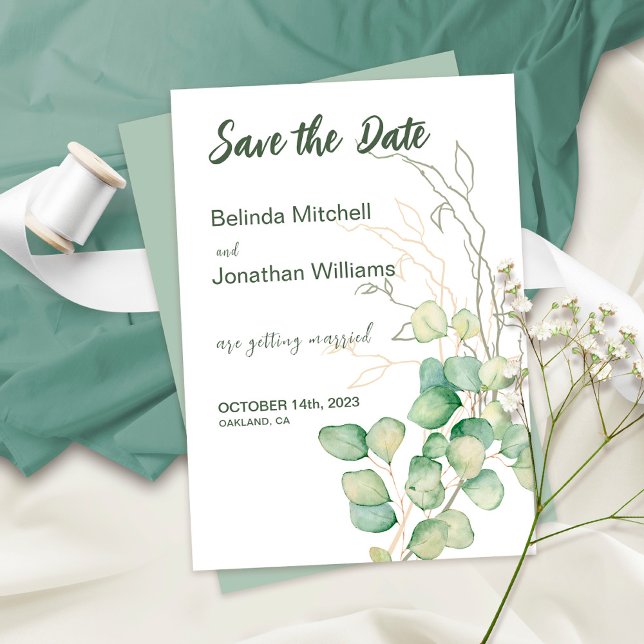 Minimalist Eucalyptus Save the Date Wedding Card (Creator Uploaded)