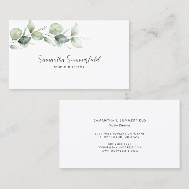 Minimalist Eucalyptus Studio Manager Makeup Artist Business Card (Front/Back)