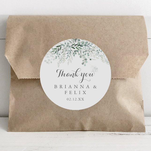 Minimalist Eucalyptus Thank You Wedding Favour Classic Round Sticker (Creator Uploaded)