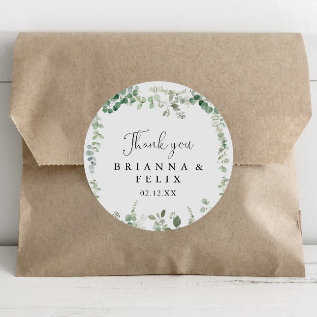 Minimalist Eucalyptus Thank You Wedding Favour Classic Round Sticker (Creator Uploaded)