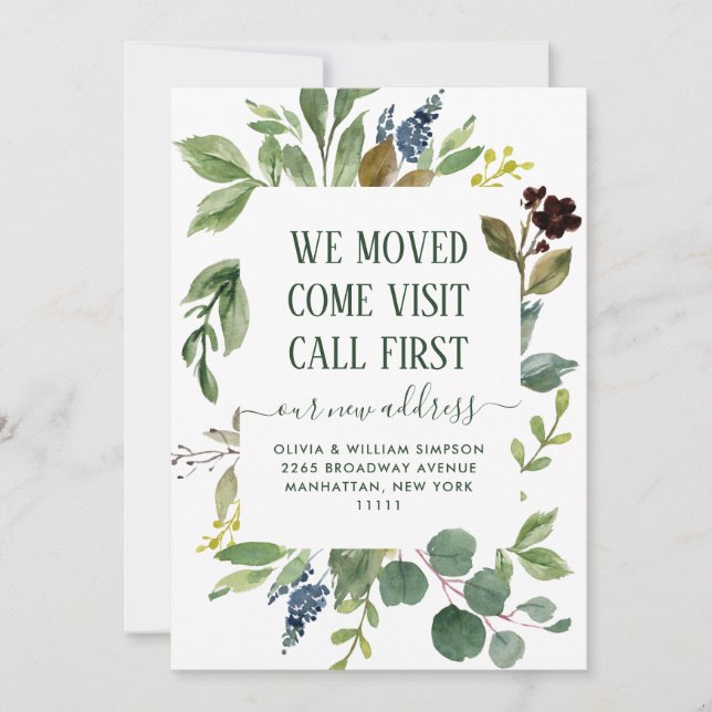 Minimalist Eucalyptus Watercolor Greenery Moving Announcement (Front)