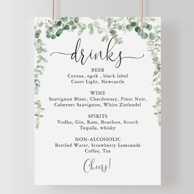 Minimalist Eucalyptus Wedding Drinks Menu Sign (Creator Uploaded)