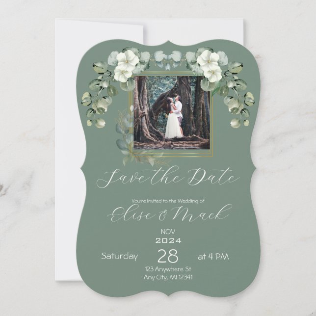 Minimalist Eucalyptus Wedding Photo Save the Date Invitation (Front)