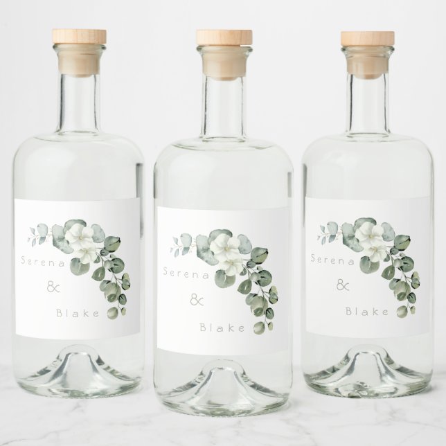 Minimalist Eucalyptus Wedding White Liquor Bottle Label (Bottles)