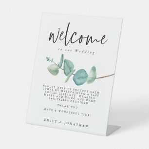 Minimalist Eucalyptus Welcome COVID Safety Pedestal Sign