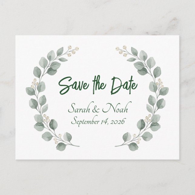 Minimalist Eucalyptus Wreath Save the Date custom Announcement Postcard (Front)