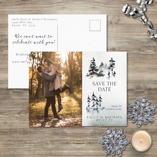 Minimalist Evergreen Mountain Green Slate Blue Announcement Postcard (Creator Uploaded)