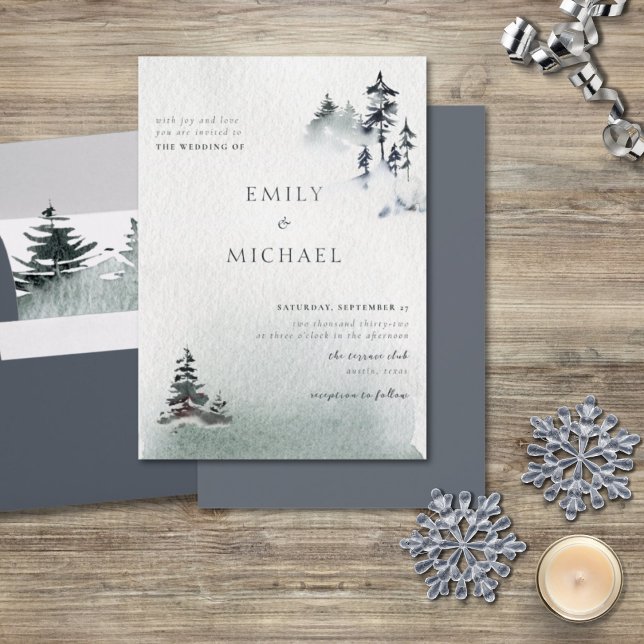Minimalist Evergreen Mountain Green Slate Blue Invitation (Creator Uploaded)