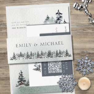 Minimalist Evergreen Mountain Green Slate Blue Invitation Belly Band