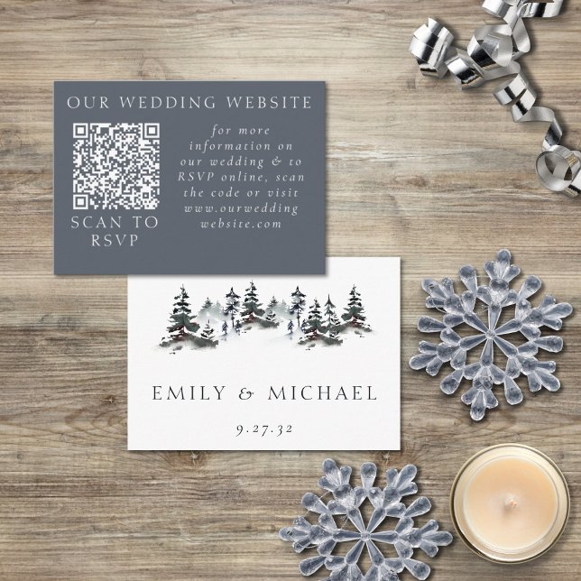 Minimalist Evergreen Mountain Green Wedding Web QR Enclosure Card (Creator Uploaded)