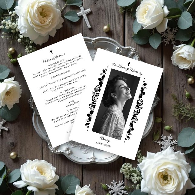 Minimalist Exquisite Floral Black & White Floral Program (Exquisite Minimalist Floral Black & White Floral Garlands Funeral Programs.)