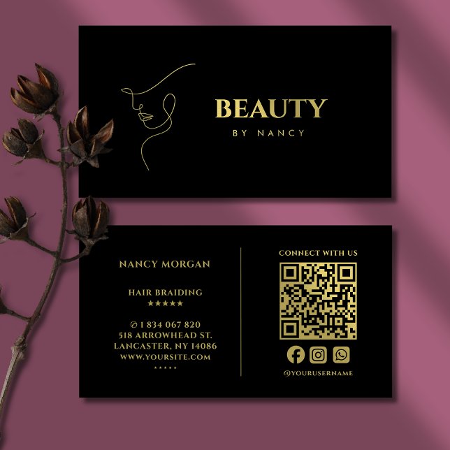 Minimalist Face Beauty Qr Code Black And Gold  Business Card (Creator Uploaded)