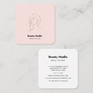Minimalist Face Logo Hair Beauty Makeup Pink Square Business Card