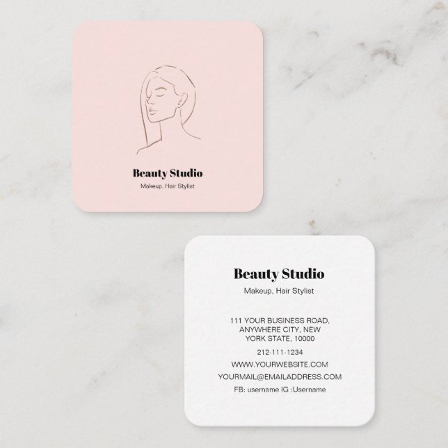 Minimalist Face Logo Hair Beauty Makeup Pink Square Business Card (Front/Back)