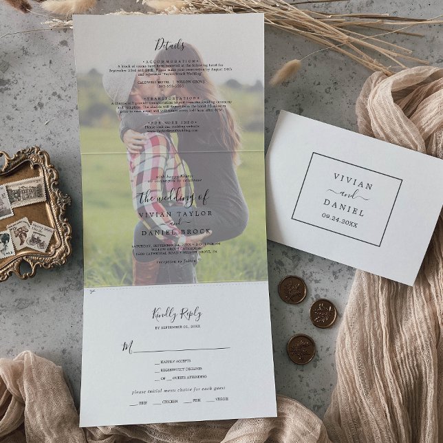 Minimalist Faded Photo Wedding Tri-Fold Invitation (Creator Uploaded)