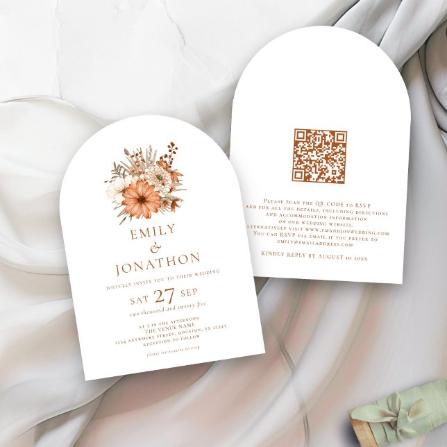 Minimalist Fall Florals QR Code Wedding Arch Invitation (front and back view)