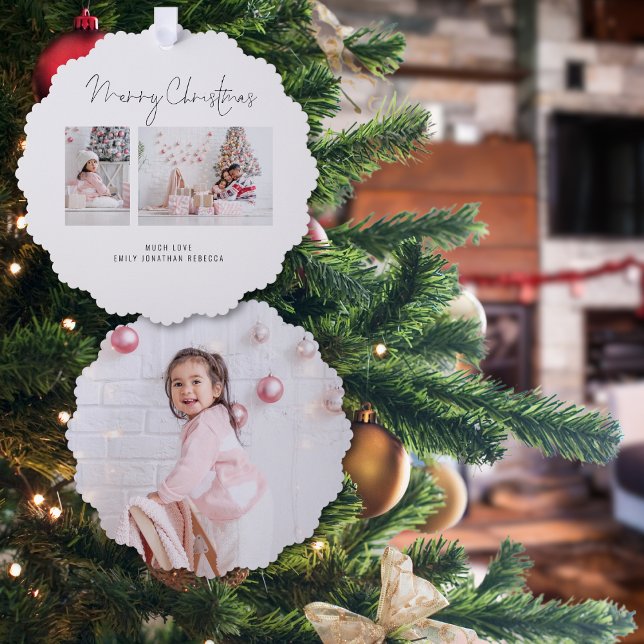 Minimalist Family 3 Photos  Tree Decoration Card (Front and back view)