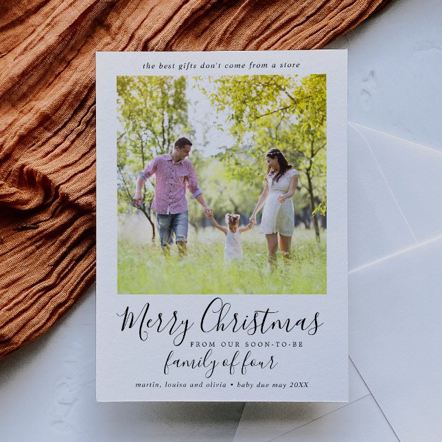Minimalist Family of Four Pregnancy Photo Holiday Card (Creator Uploaded)