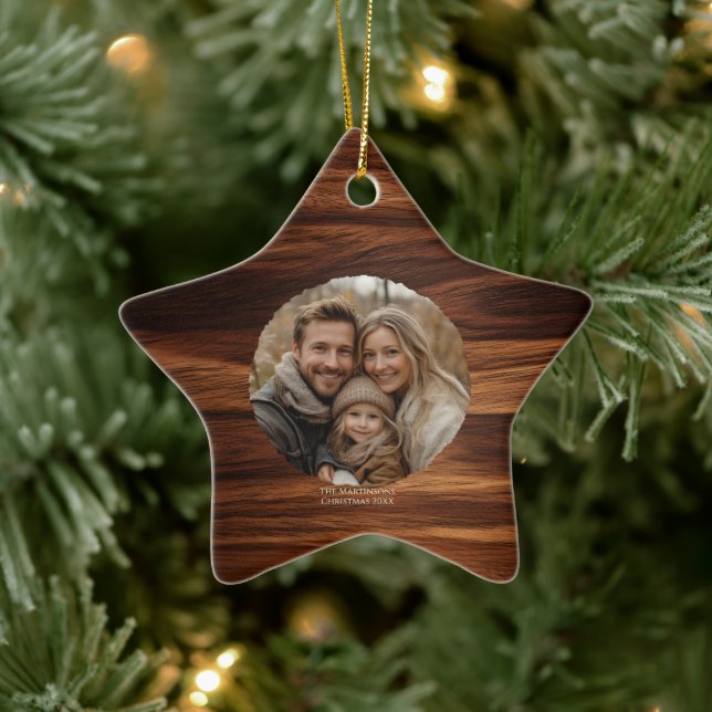 Minimalist Family Photo Personalised Woodgrain  Ceramic Ornament (Tree)