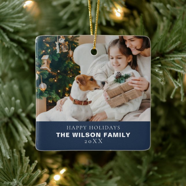 Minimalist Family Photo With Pets Christmas Ceramic Ornament (Tree)