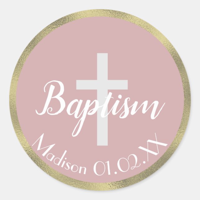 Minimalist Faux Gold Baptism Cross Child's Name Classic Round Sticker (Front)