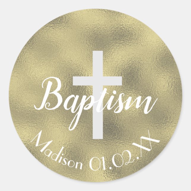 Minimalist Faux Gold Baptism Cross Child's Name Classic Round Sticker (Front)