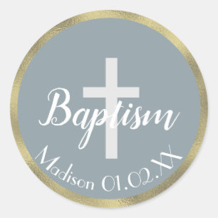 Minimalist Faux Gold Baptism Cross Child's Name Classic Round Sticker