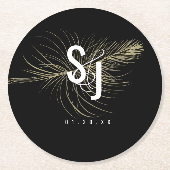 Minimalist Faux Gold Feather Bohemian Wedding Round Paper Coaster (Front)