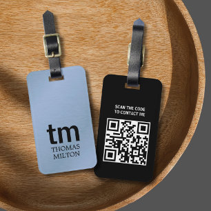 Minimalist Faux Metal Blue Black Bold Monogram QR Luggage Tag