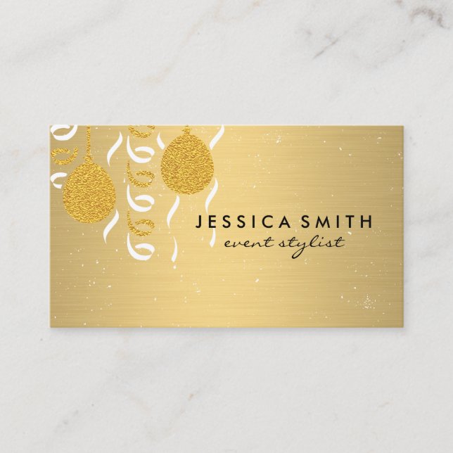Minimalist Faux Metallic Gold Brushed / Balloons Business Card (Front)