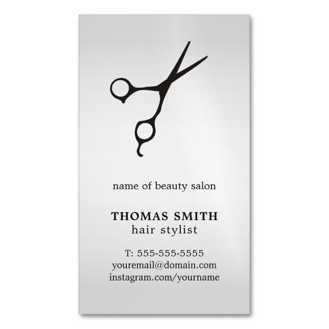 Minimalist Faux Silver Black Scissor Hair Stylist Magnetic Business Card (Front Vertical)
