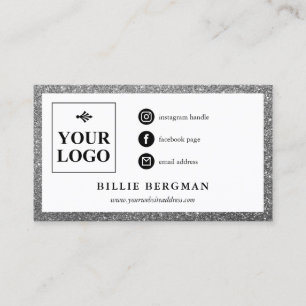 Minimalist Faux Silver Glitter Social Media Logo Business Card