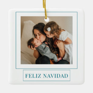 Minimalist Feliz Navidad Teal Christmas Photo Ceramic Ornament