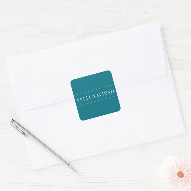 Minimalist Feliz Navidad Teal White Christmas Square Sticker (Envelope)
