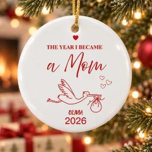 Minimalist Festive Red The Year I Became A Mum Ceramic Ornament
