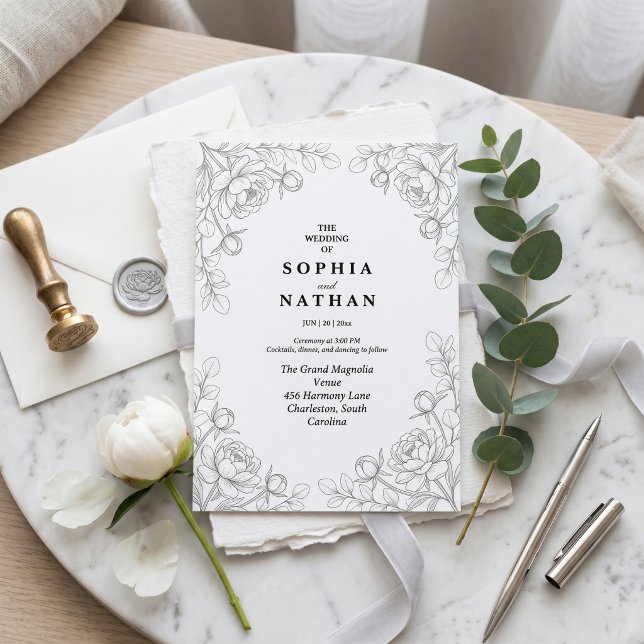 Minimalist Fine Line Floral Wedding Invitation (Creator Uploaded)